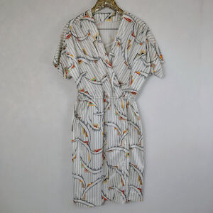 Vintage 80s Homemade Women's White Geometric Colorful Midi Dress with Belt